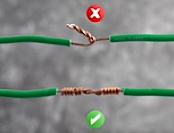Picture showing the wrong and the right way to twist wires