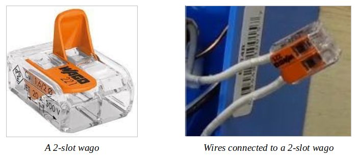 A wire connected to a 2-slot wago