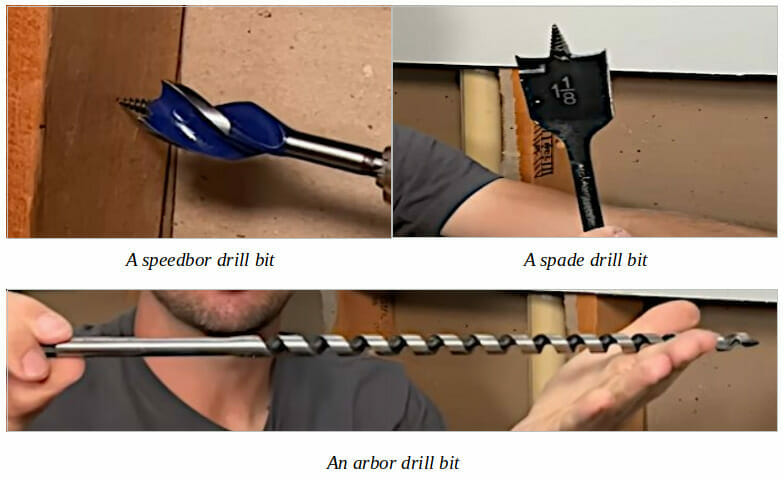 A person showing speedbor, spade drill and bar drill bits