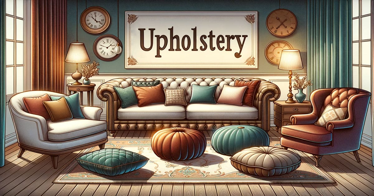 A vector illustration of a living room with couch and pillows and a text "Upholstery"