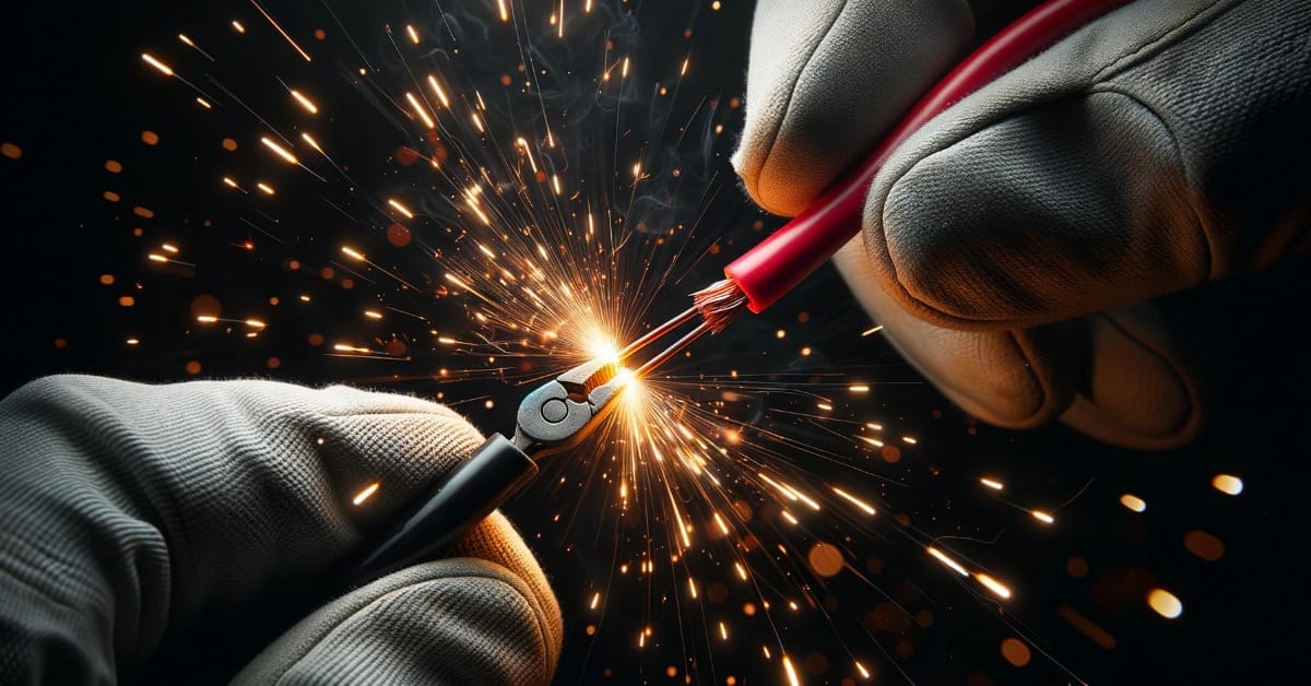 A pair of hands holding a spark plug while examining what happens if positive and negative wires touch.