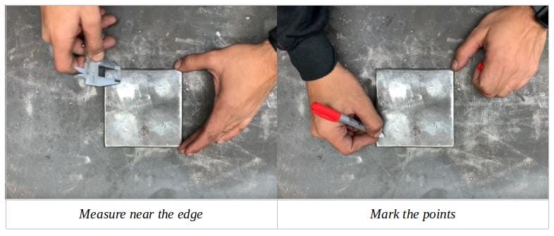 Two pictures demonstrating how to use a tool to make a hole in a piece of metal