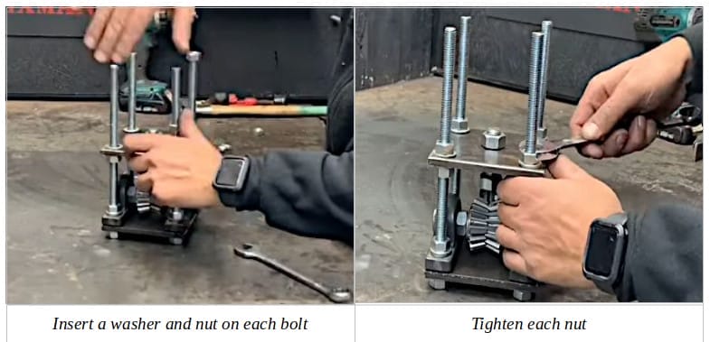 Two image of a person inserting a washer and nut on each bolt and tightening the nut