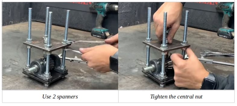 Two image of a person using 2 spanners and tightening the central nut