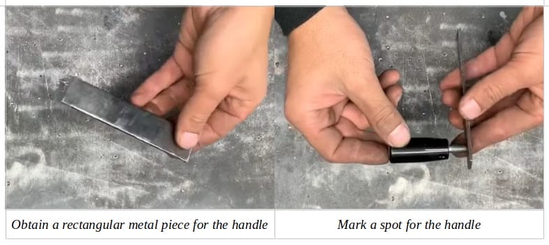 Two image of a person with a rectangular metal piece and marking the spot for the handle