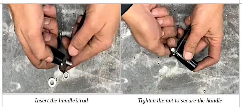 Two image of a person inserting the handler's rod and tightening the nut to secure it