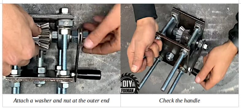 Two image of a person attaching a washer and nut at the outer end