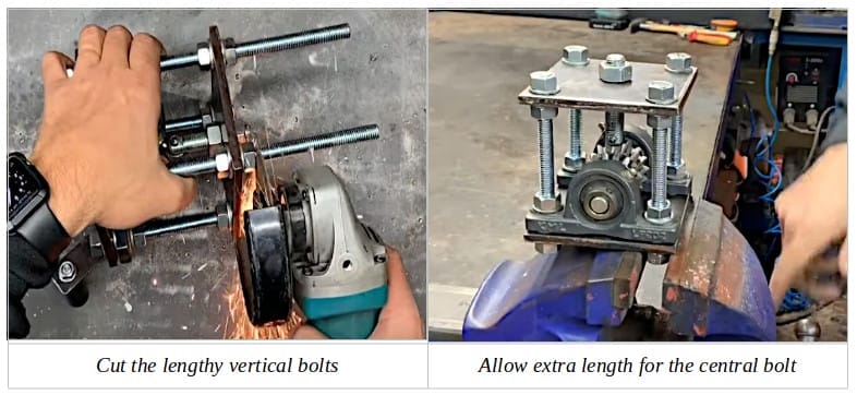 Two image of a person cutting the vertical bolts