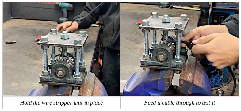 Two image of a person holding the wire stripper unit and feeding the cable through