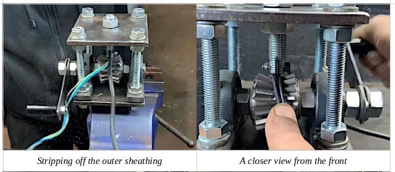 Two image of a person stripping off the outer sheathing of a wire