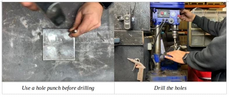 Two pictures of a man working on a piece of metal and a drilling machine