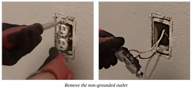 A person screwing and removing non-grounded outlet from the wall