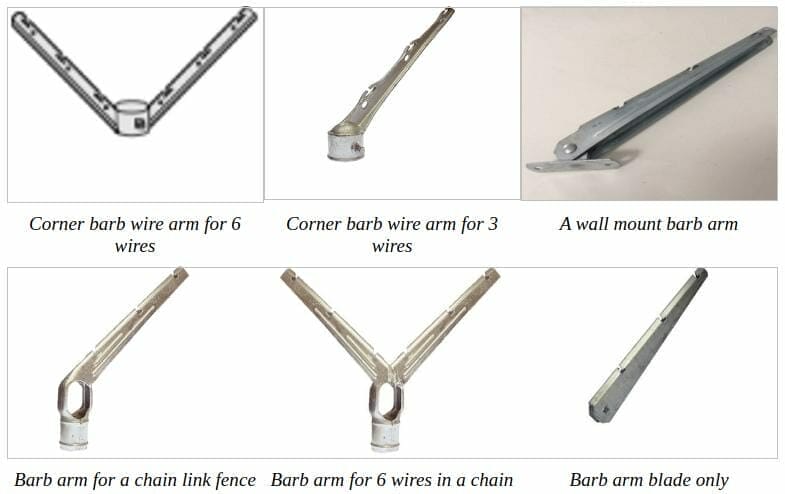 A series of pictures showing different types of barbed wire fence accessories