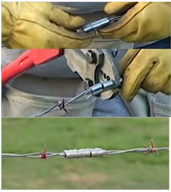 A collage of using a crimp sleeves to join barbed wire ends