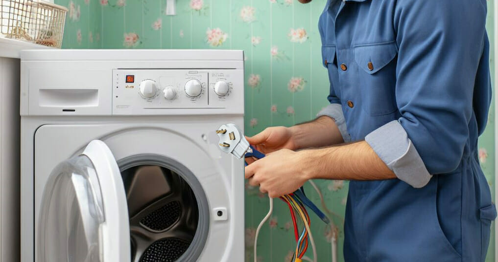 A man is working on a dryer machine