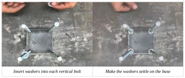 A two image of a person inserting a washer to each vertical bolt and settling it at the base