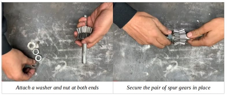 A person showing how to attach a washer and nut to both ends and securing it with a pair of spur gears
