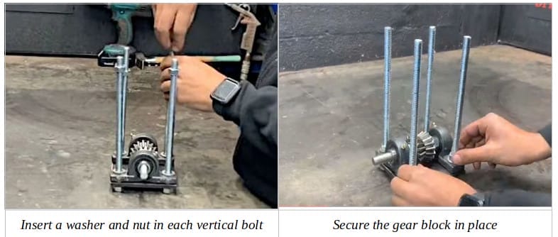A two image of a person showing how to insert a washer and nut to each vertical bolt and securing it with a gear block