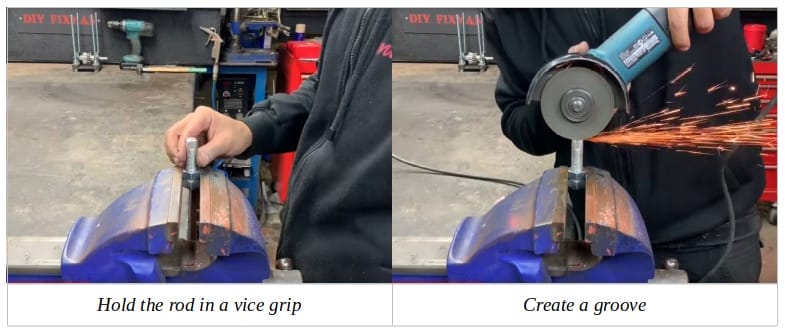 Two image of a person holding the rod in a vice grip and then creating a groove using a machine