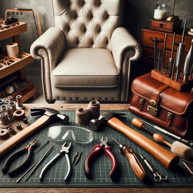 A couch with tools on the table in front