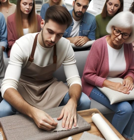 A group of people and a man showing how to thread a fabric