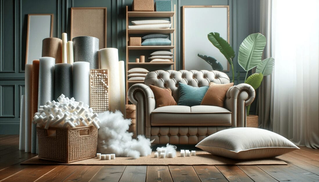 3D rendering of a living room with a couch, pillows and rolls of fabrics
