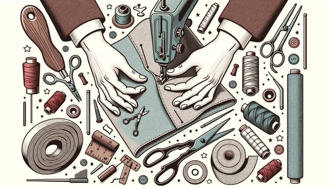 An illustration of a person sewing a clothe with sewing tools around it