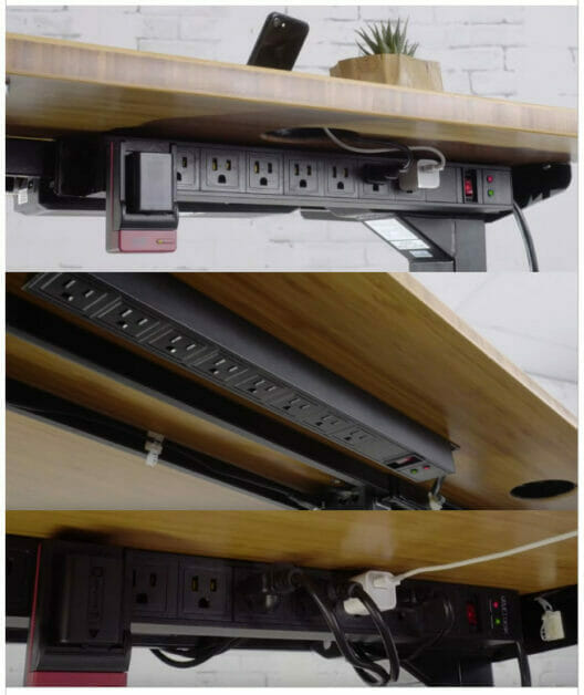A picture of a desk with a power strip attached to it