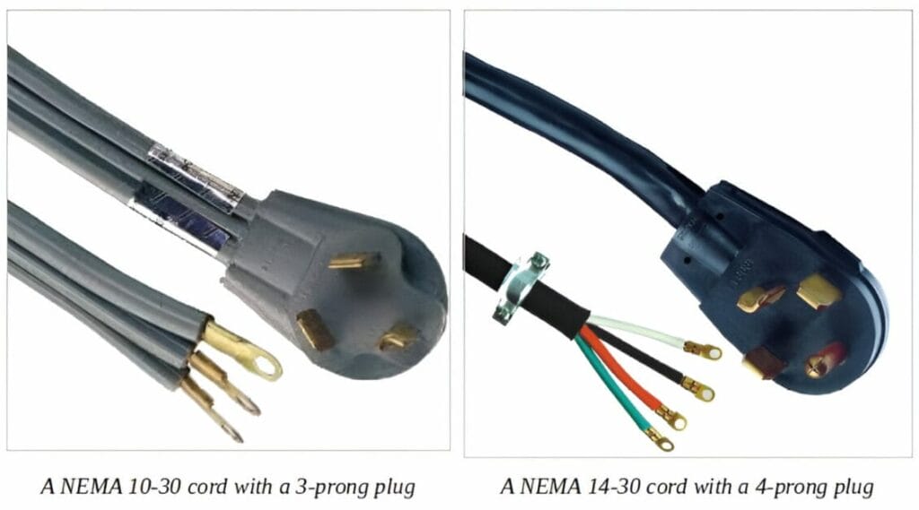 Four different types of electrical cords are shown, demonstrating the variety available for wiring a dryer plug.