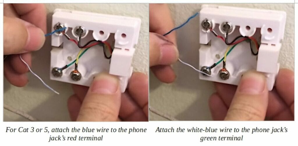 A person attaching the white-blue wire for phone jack's green terminal