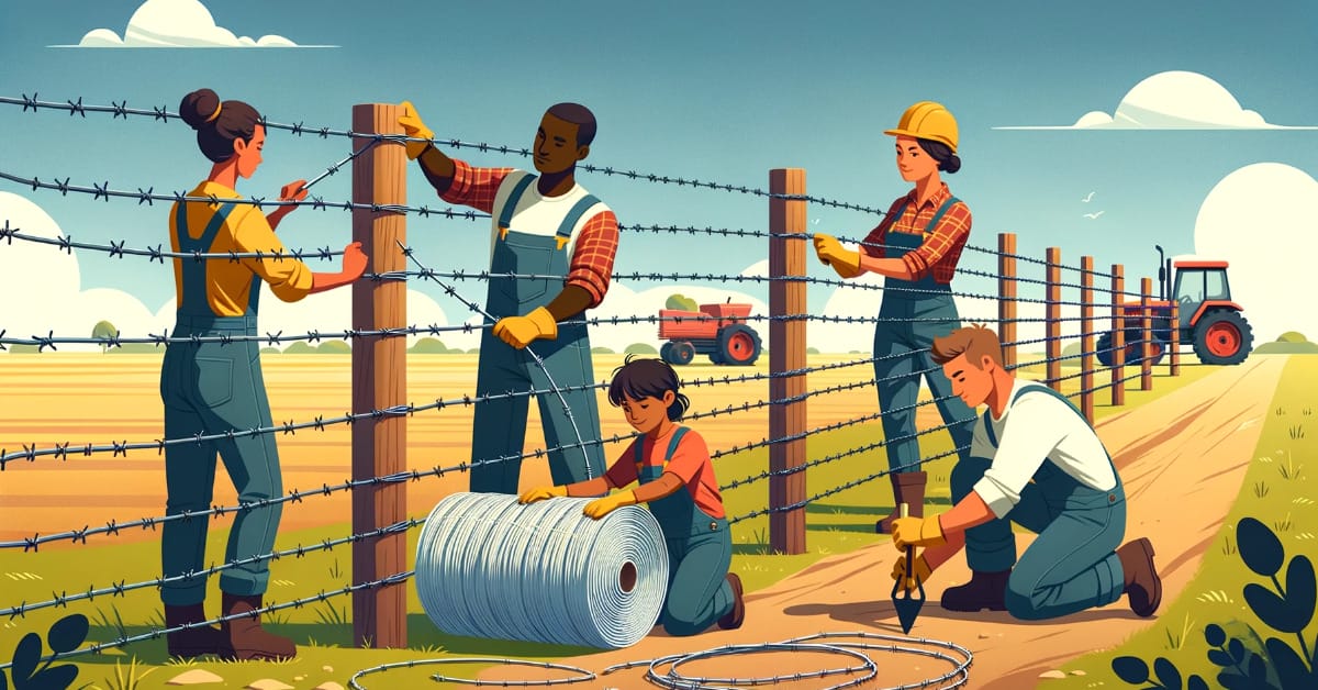 An illustration of men working on installing a barbed wire fence
