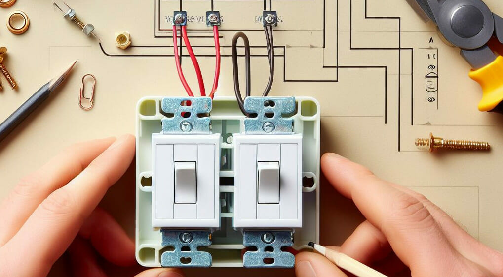 A person is holding a light switch in front of a diagram demonstrating how to wire a double switch.