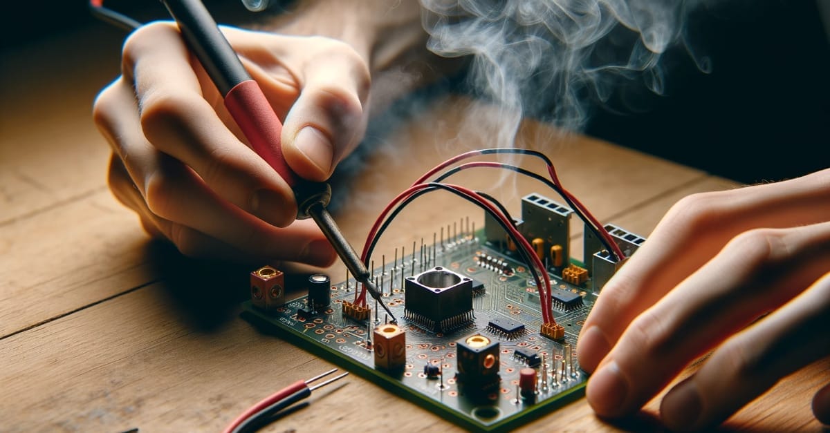 A person is working on a circuit board by soldering wires to it