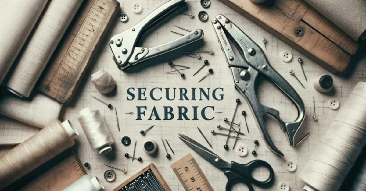 A top shot image of tools such as scissors, needles, pins and others with text "SECURING FABRIC" at the middle