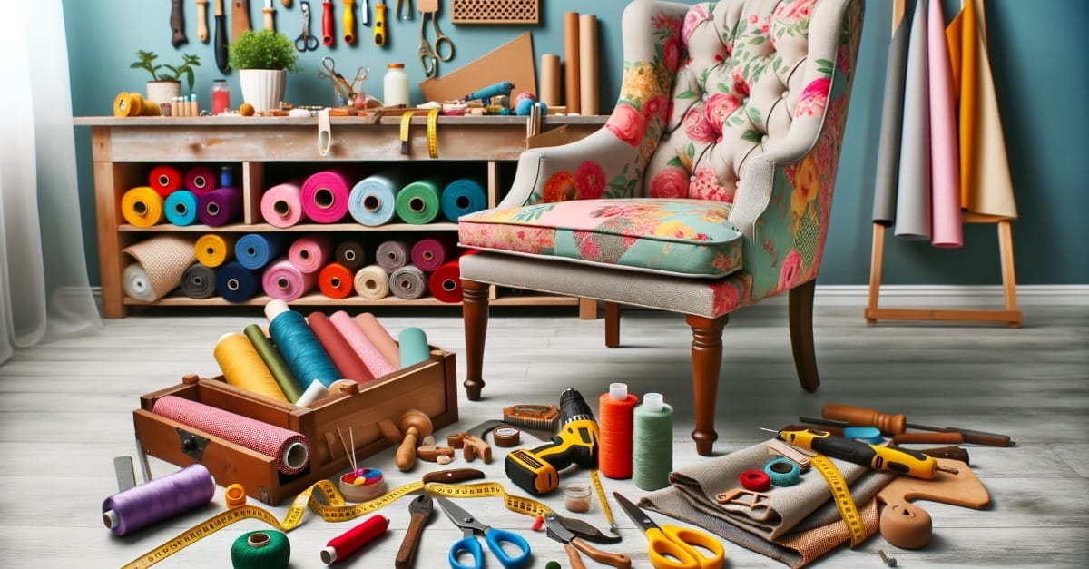 A room full of sewing supplies and a chair for DIY upholstery projects