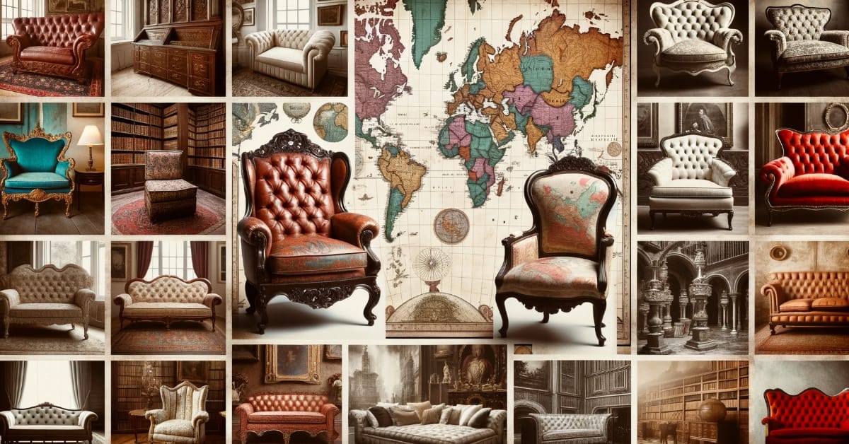 A collage showcasing a Brief History of Upholstery through a variety of pictures of chairs and a map