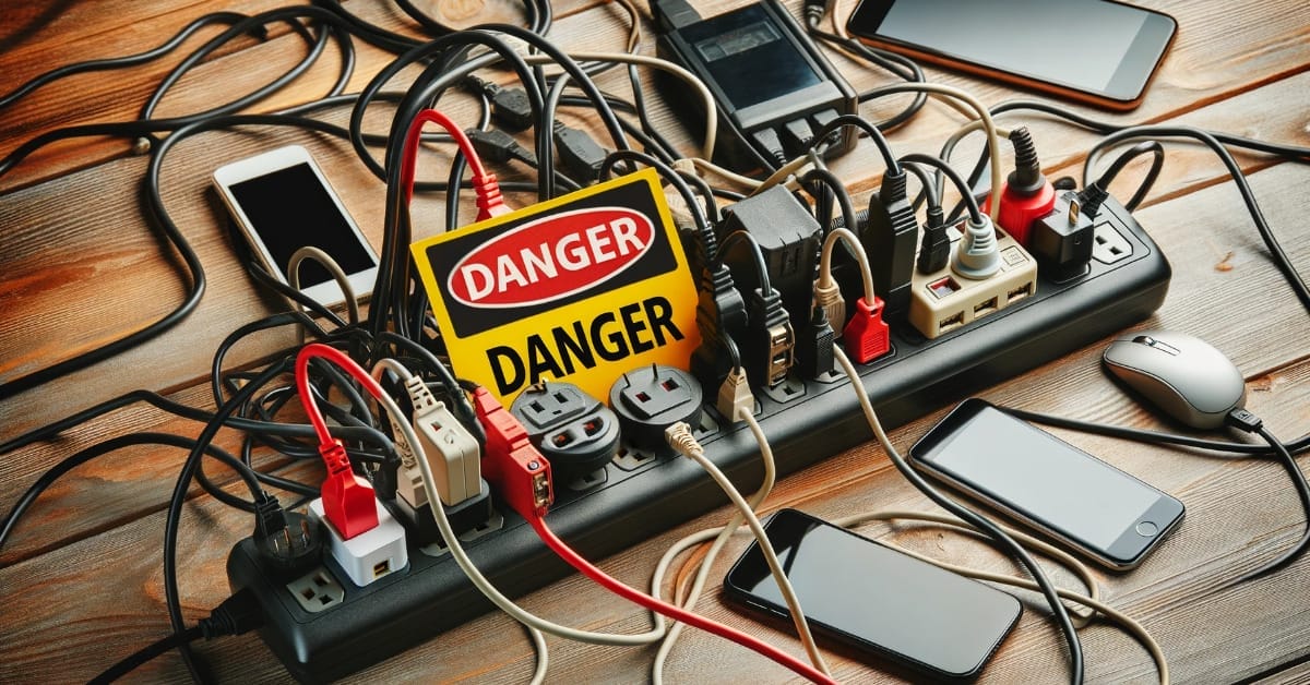 A group of electronic devices connected to an overloaded power strip with a danger sign on them