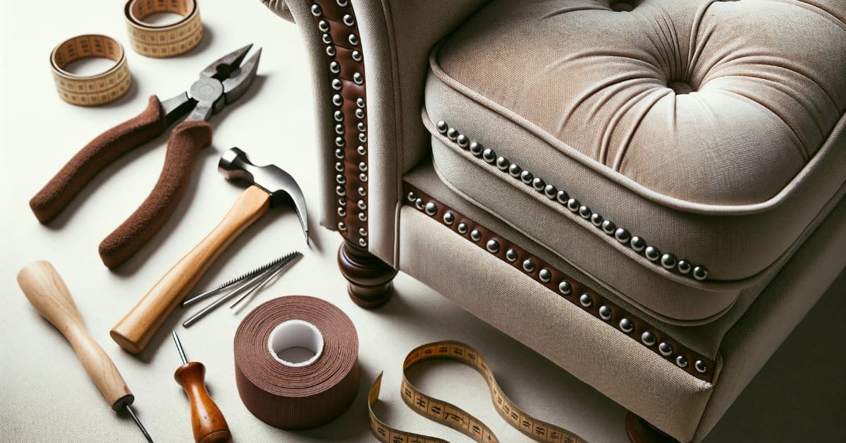 A chair adorned with decorative nailhead trim and upholstery tools around it