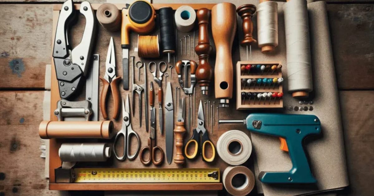 Various sewing tools are laid out on a wooden table, including decorative nailhead trim