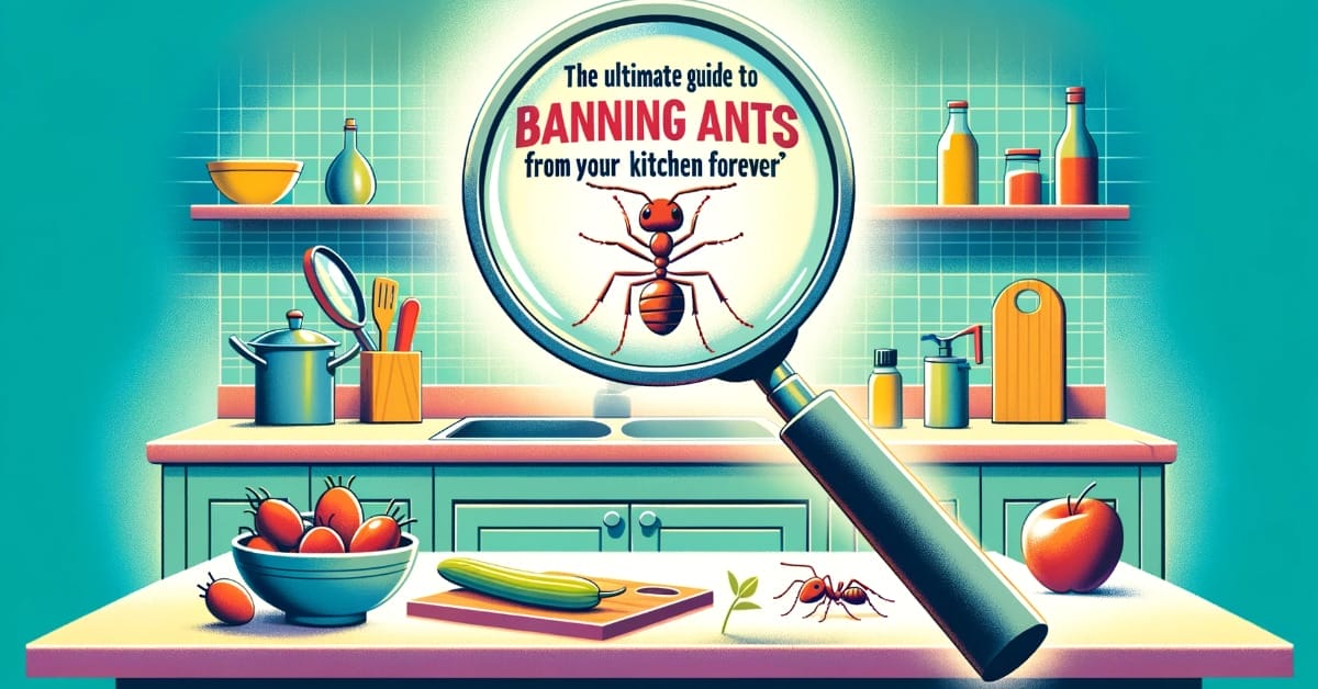 An image illustration of a kitchen with magnifying glass and words "BANNING ANTS" in it
