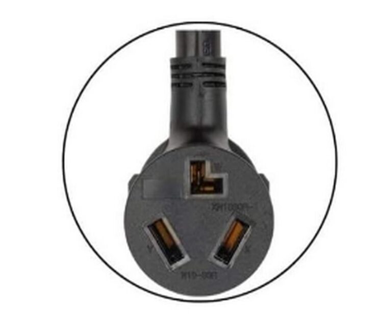 A black plug with a white circle on it, used in wiring a 3 prong dryer outlet