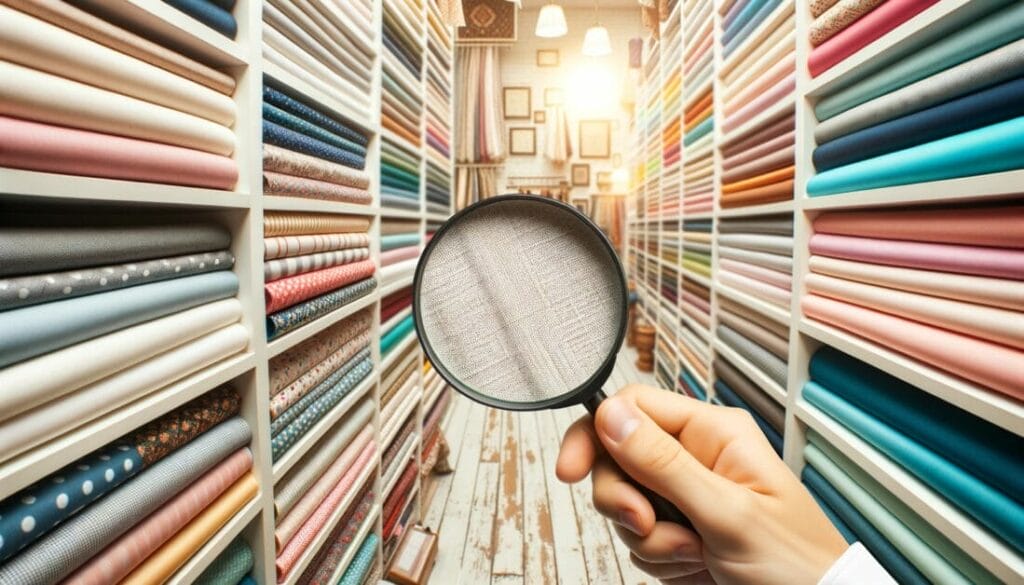 Hand holding a magnifying glass while selecting fabric