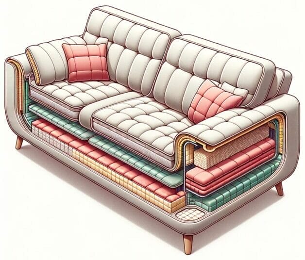 An illustration of a cushion sofa showing its compartment section
