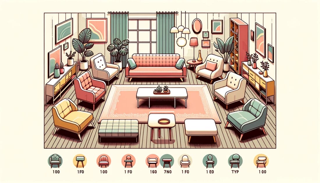 An illustration of a living room with a lot of upholstered chairs