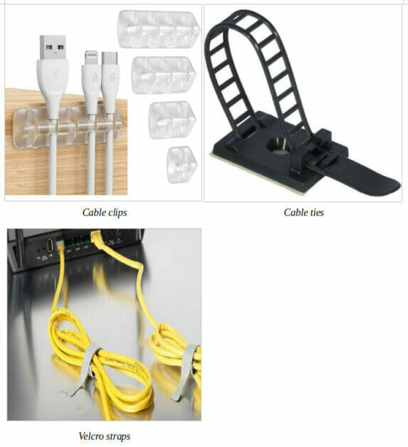 A picture of a cable clips, cable ties, and velcro straps