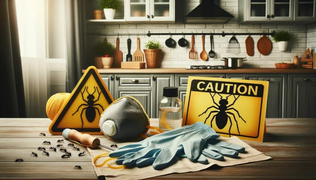 An kitchen with a sign warning of a spider