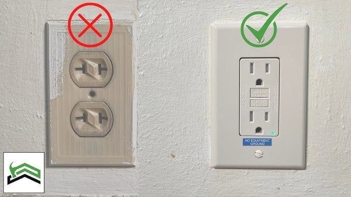 Two pictures of a wall outlet with a red wrong mark and green check mark