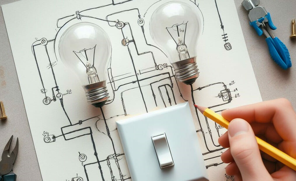 A person holding a pencil and a light bulb while sketching wiring diagrams for multiple lights connected to one switch.