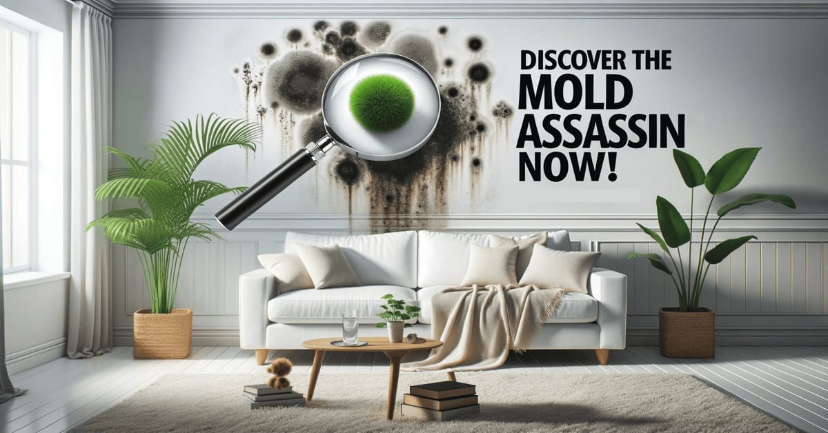 An image of a living area with magnifying glass on the wall with mod and a text of "DISCOVER THE MOLD ASSASSIN NOW!"