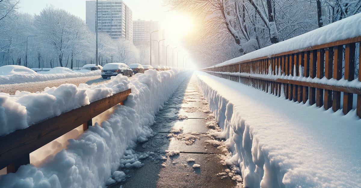A snow-iced sidewalk hit by the sun above
